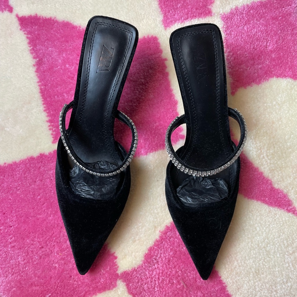 Zara Black Velvet Heels with Rhinestone Strap